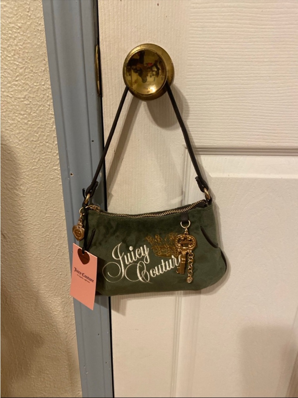 Juicy Couture Olive Velvet Mini Shoulder Bag with Gold Charm
